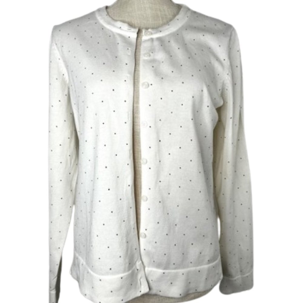 Tommy Hilfiger 100% Cotton White Knit Cardigan with Small Black Polka Dots
